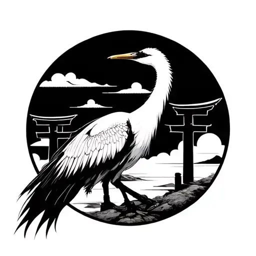 crane in japanese style with a torii gate and  background tattoo design idea