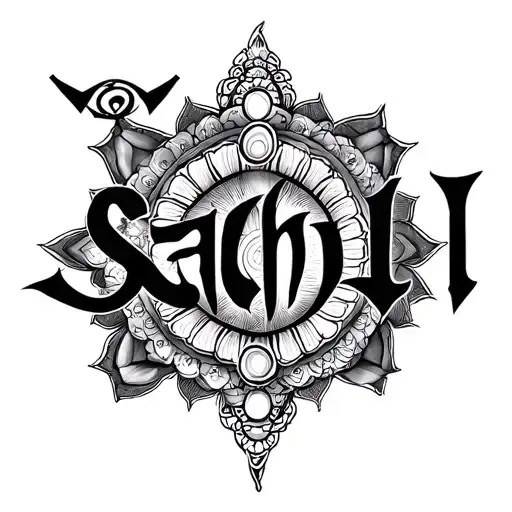 i want my name Sahil in devanagari-english fusion style with trishul below it followed by 8 sanskrit chakras in one line tattoo design idea