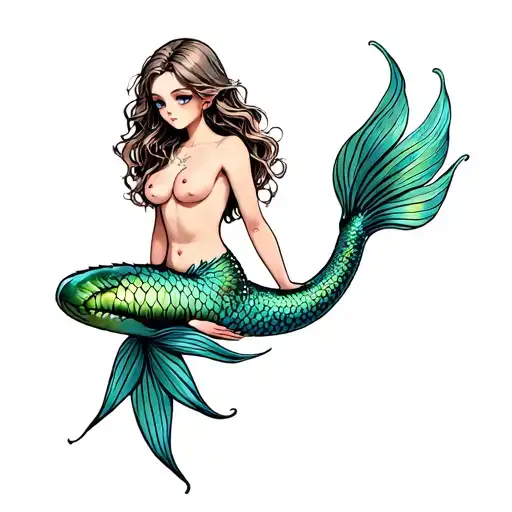 topless mermaid sitting tattoo design idea