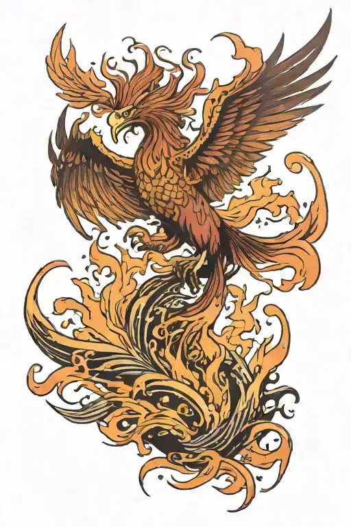 phoenix rising from flames over a Japanese village tattoo design idea