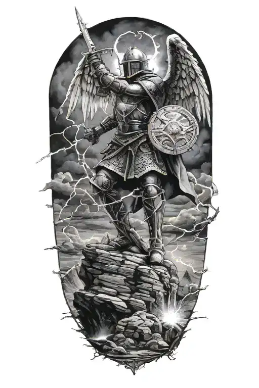 a knight with angel wings with one foot on top of a rock and a sword lifted to the sky with lightning in the background tattoo design idea
