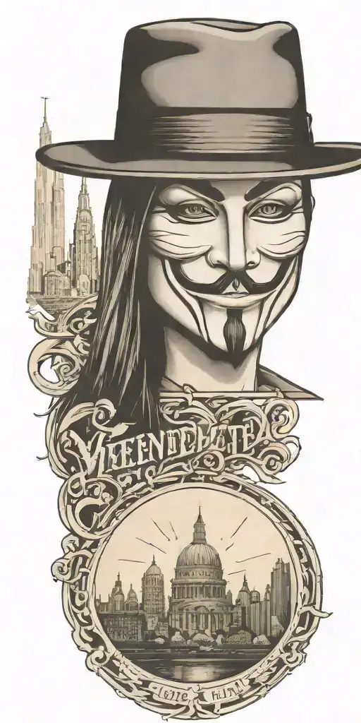 v for vendetta. hat with city skyline in the background tattoo design idea