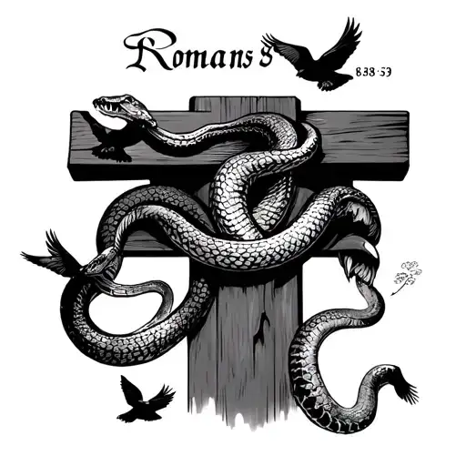 snake on cross showing its teeth it, black doves flying beside it upwards, words written "Romans 8:38-39" above it tattoo design idea