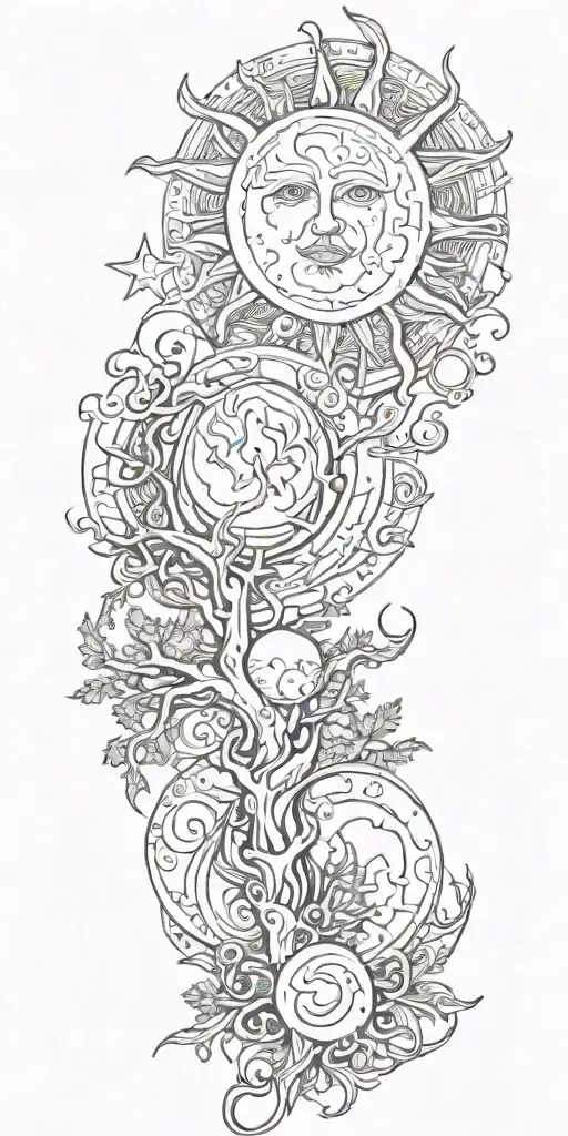 sun and moon,aquarius star, tree and fire tattoo design idea