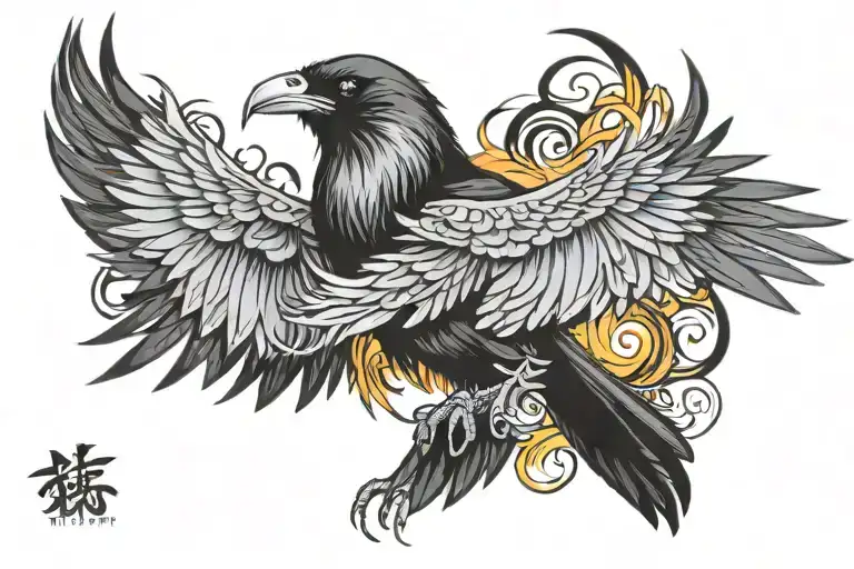 raven in phoenix with outstretched wings tattoo design idea