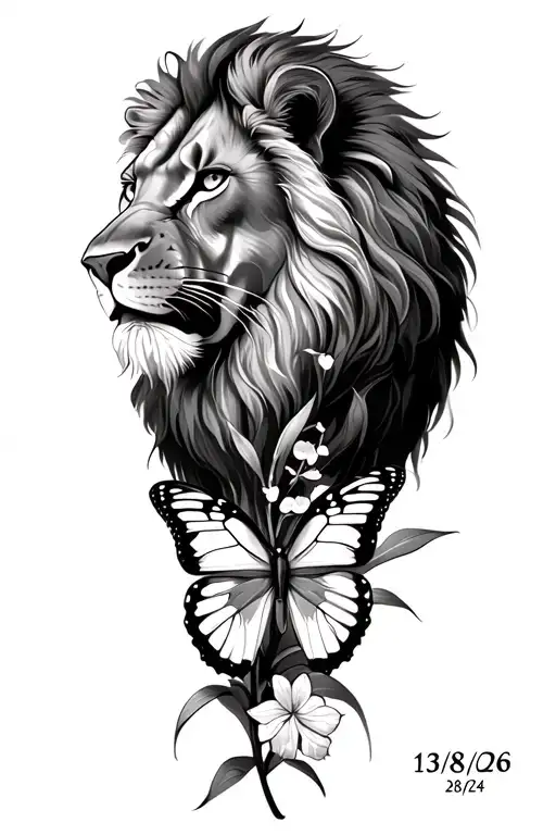 lion, gladiolus all along the leg, butterfly and the date 13/8/06 28/2/24 tattoo design idea