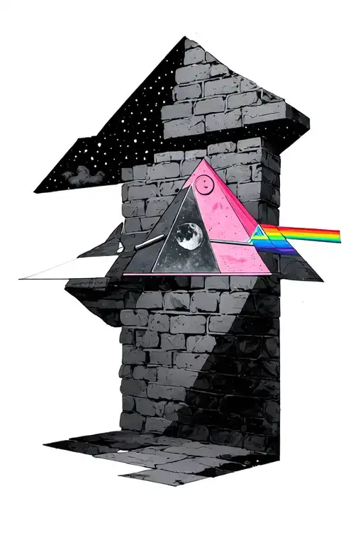pink floyd prism and stone wall bricks and moon tattoo design idea