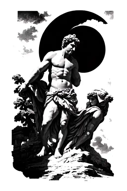 Roman god Mars sculpture with the moon behind it tattoo design idea