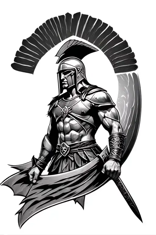 generate me a tattoo design of a spartan from the movie 300 and incorporate the bible verse romans 8:28 and proverbs 3:5 tattoo design idea