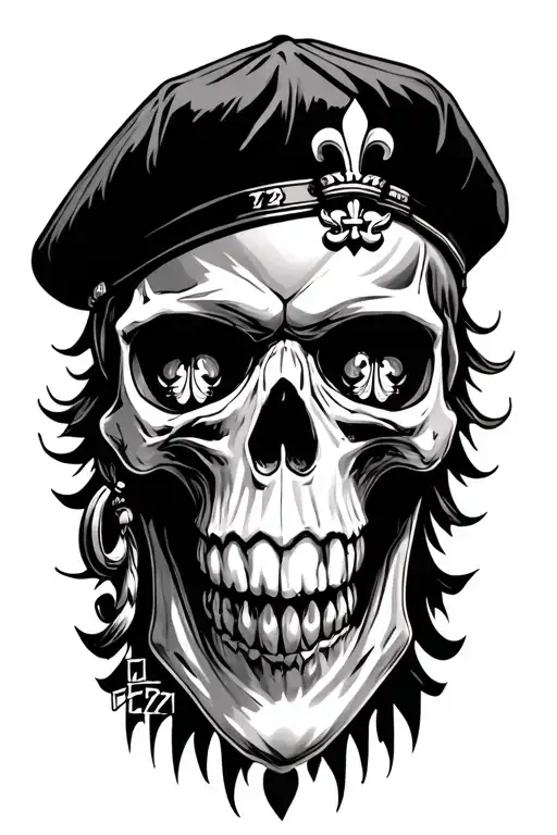 skull with French military beret and flaure de lis add the number 72 in the eyes tattoo design idea