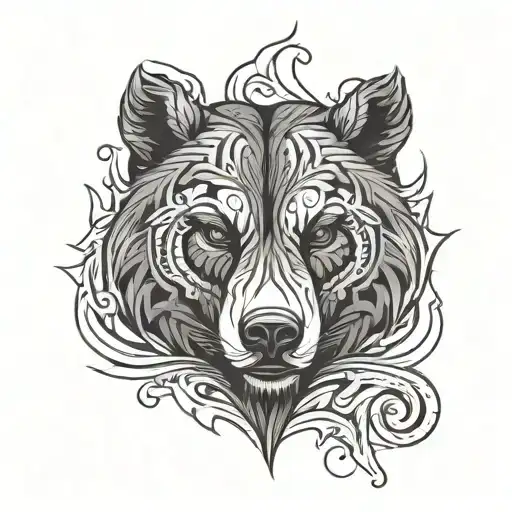 Intense tribal bear face morphing tattoo design idea