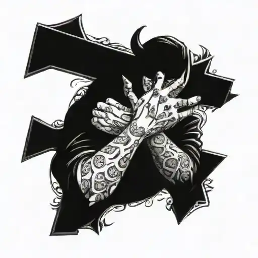 The devil held the cross in his hand while smiling tattoo design idea