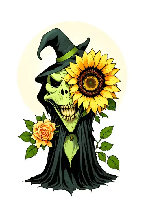 Oogie Boogie with sunflower rose and Lilly  tattoo design idea
