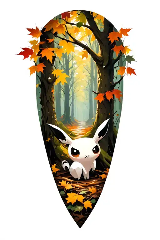 Autumn forest tattoo with mimikyu tattoo design featuring tattoo design idea