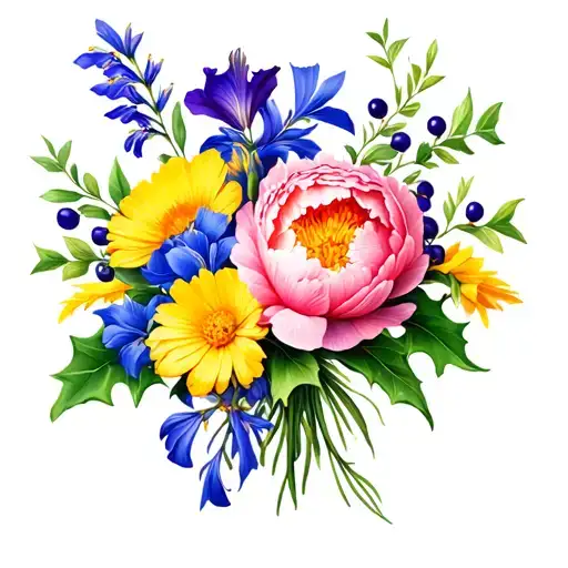 Design A tattoo of a Bouquet of flowers in yellow Marigold, blue Larkspur, Holly with berries, purple Iris, pink Peony,  tattoo design idea