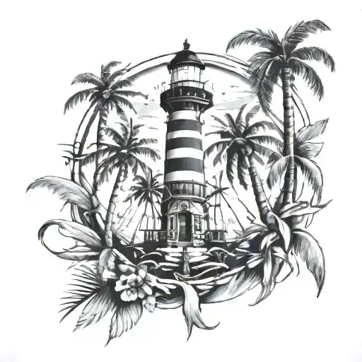 lighthouse palm trees and pirate skeleton in caged tattoo design idea
