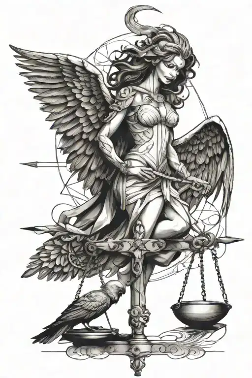 fallen angel and balance scale weighing a feather tattoo design idea