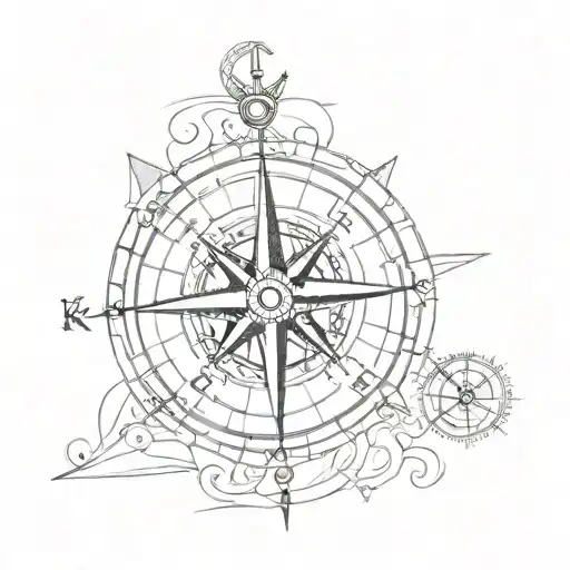 A sketch style tattoo of a compass rose with the coordinates of Koblenz, Germany integrated into the design tattoo design idea