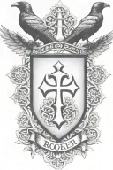 Rooker Family Crest with home in shield with  6 Crows on a celtic cross tattoo design idea