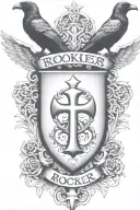 Rooker Family Crest with home in shield with  6 Crows on a celtic cross tattoo design idea
