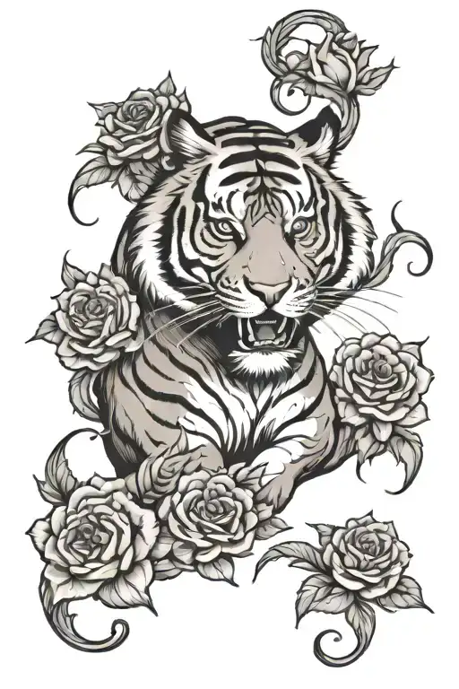 Tiger and roses intertwined symbolizing muay thai fighter tribal style tattoo design idea