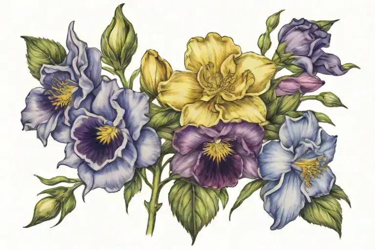 Flowers: Violets, roses, iris, jonquil, daffodil, aster, cosmos, peony, hawthorn, sweet pea, poppy tattoo design idea