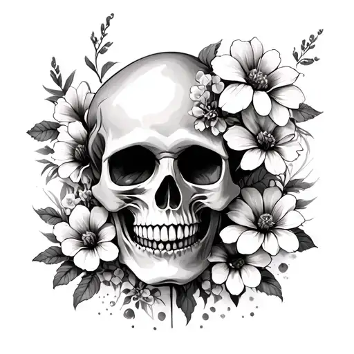 pretty skull soft shading with flowers growing tattoo design idea