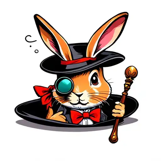 a rabit coming out of a magicians hat. thare rabbit is holding a wand wearing a monocle and bowtie tattoo design idea