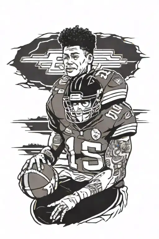 A tattoo design featuring a football player inspired by Patrick Mahomes, with a subtle nod to South Park characters incorporated into the background tattoo design idea