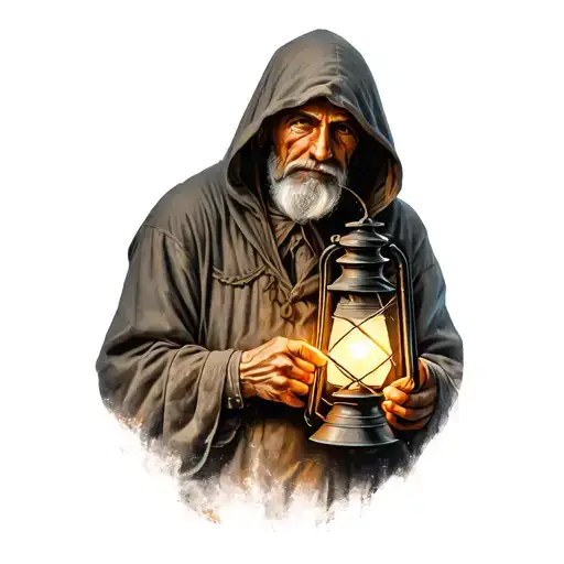 hooded old man holding lantern tattoo design idea