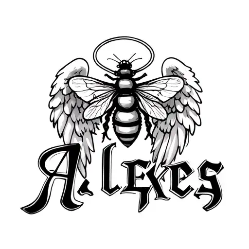 the name Alexes with angel wings on the side of the name with a halo and a honey bee on the halo  tattoo design idea