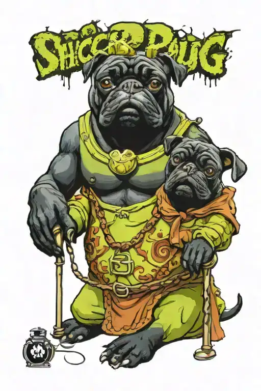 black pug and shrek ogre sitting tattoo design idea