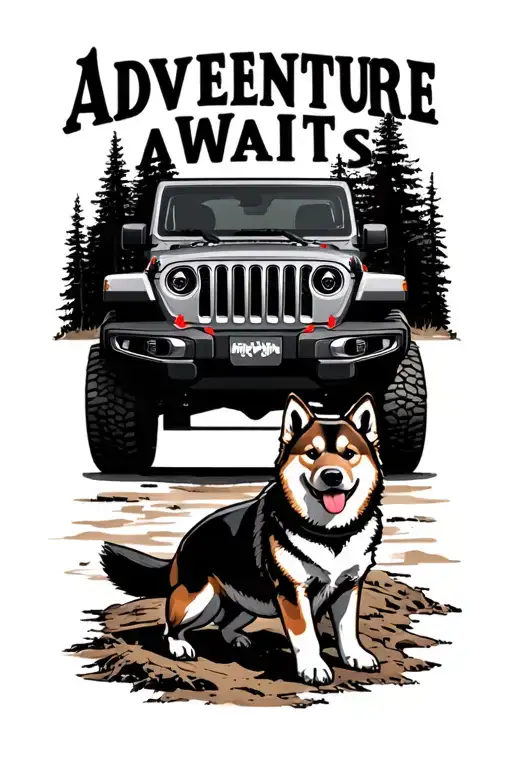 "Adventure Awaits" 4x4 Jeep Wrangler with Shiba Inu dog tattoo design idea