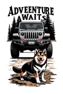"Adventure Awaits" 4x4 Jeep Wrangler with Shiba Inu dog tattoo design idea