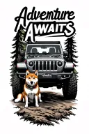 "Adventure Awaits" 4x4 Jeep Wrangler with Shiba Inu dog tattoo design idea