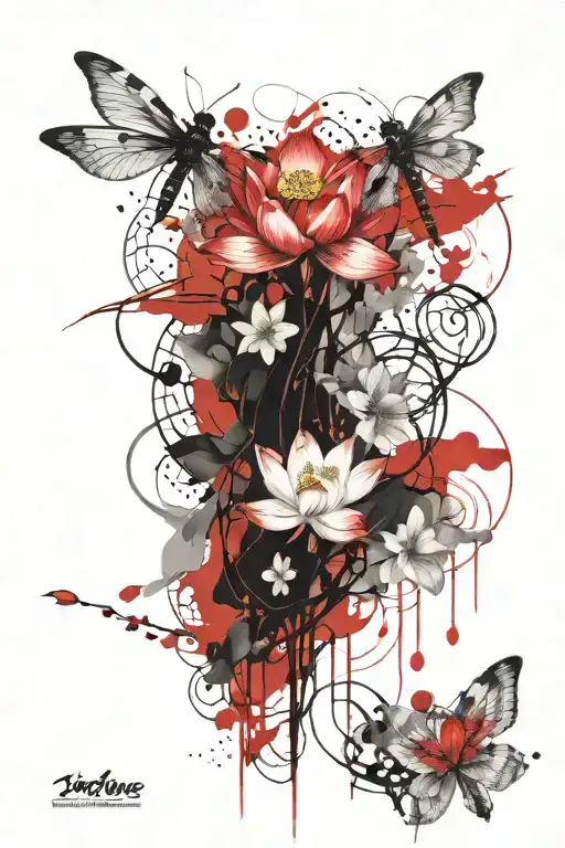 lotus flower, abstract, dragonfly hovering, cherry blossom vines tattoo design idea