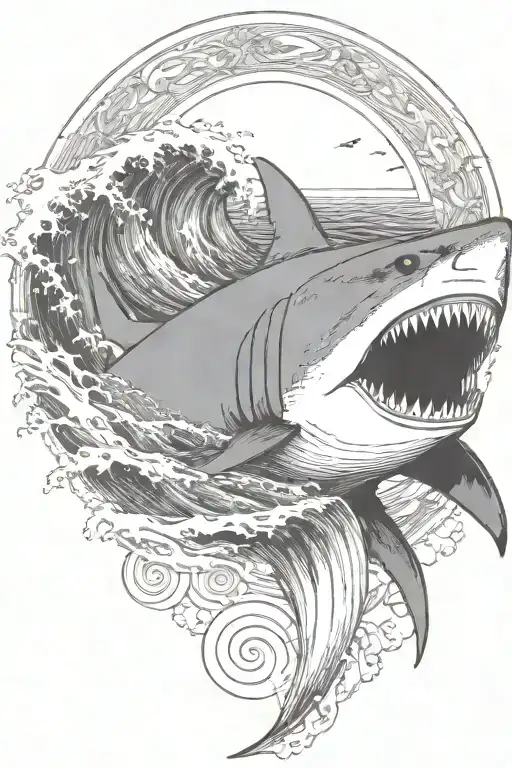 waves crashing shark tattoo design idea