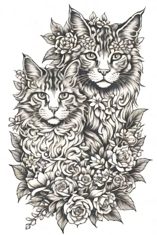 Maine Coon and white cat in flowers tattoo design idea