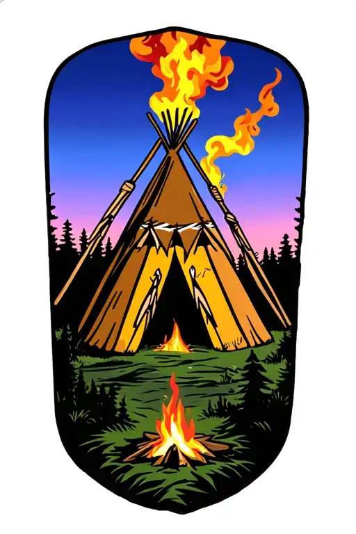 indian teepee, fire place inside, smoke coming from the top of the teepee, surrounded by wilderness tattoo design idea