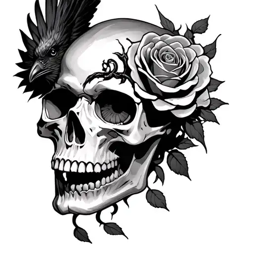 raven pulling worms out of skull eye socket and skull is growing a beautiful Thor end rose tattoo design idea