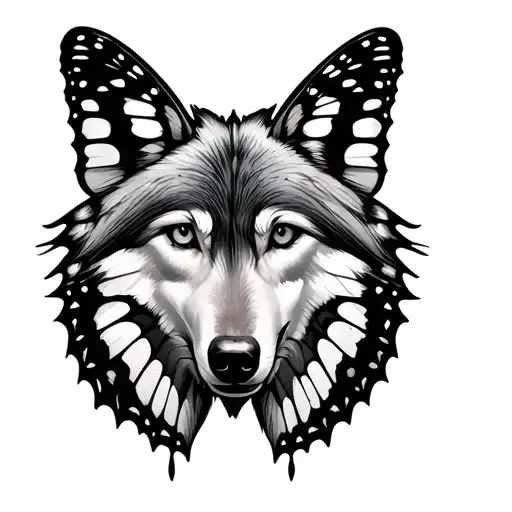 Wolf face on Butterfly wings spread wide tattoo design idea