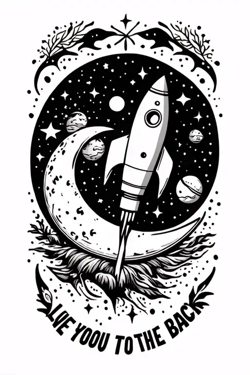 Crescent Moon, Earth, A rocket with love you to the moon and back  tattoo design idea