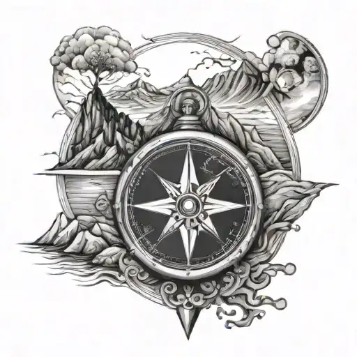 compass mountains sea diving tattoo design idea