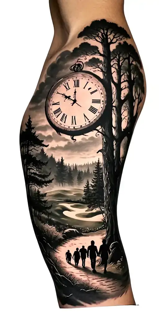 creepy forest scene with black sky with family walking and golf course and clock tattoo design idea