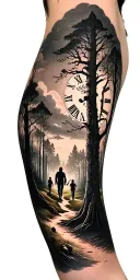 creepy forest scene with black sky with family walking and golf course and clock tattoo design idea