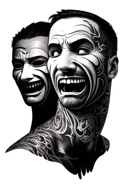 A man with blurred face jungling three different masks, one is happy, another one is sad and the third one is angry tattoo design idea
