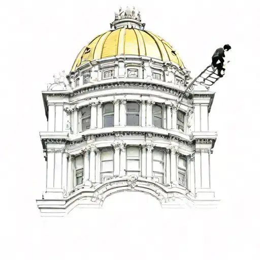 A Guatemalan man, perched on scaffolding, carefully paints San Francisco City Hall in radiant gold, his steady brushstro tattoo design idea