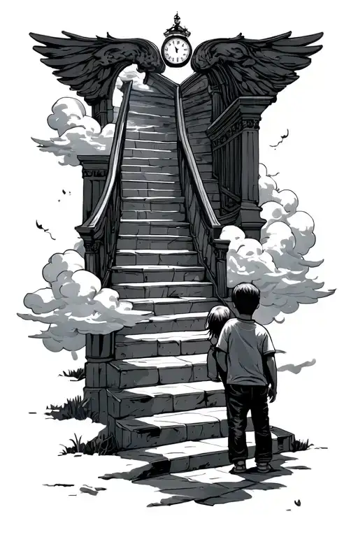 me and my little brother at the bottom of the stair way to heaven and a clock at the top with clouds around the stairs tattoo design idea