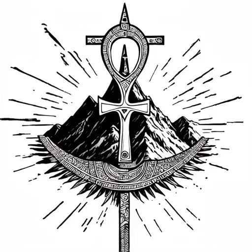 God Osiris with Ankh cross surrounded my mountain tattoo design idea