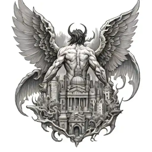 full back tattoo of city scape with demons fighting an angel tattoo design idea